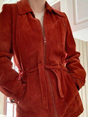 Vintage Red Suede Jacket - Belted Zip Front Western Boho Leather Coat - Small